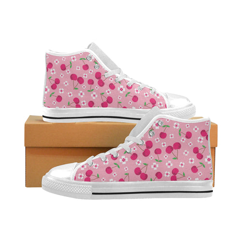 cherry flower pattern pink background Men's High Top Canvas Shoes White