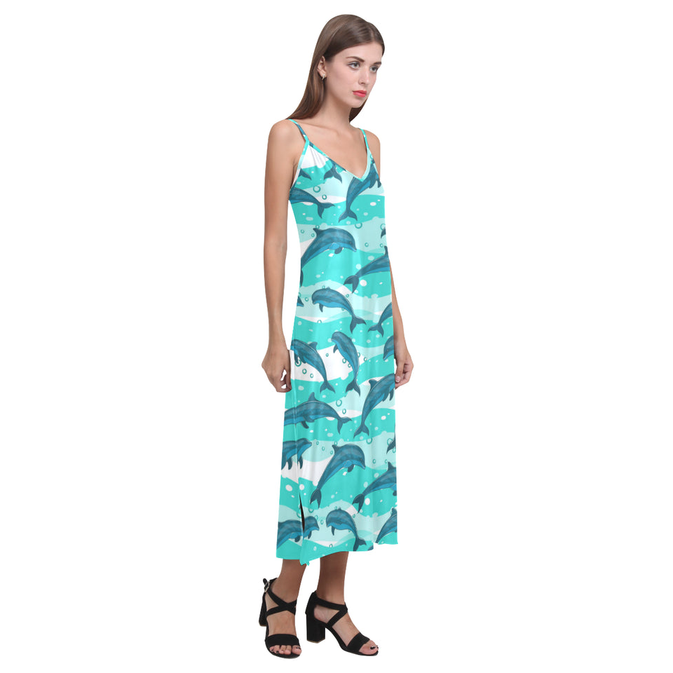 Dolphin sea pattern V-Neck Open Fork Long Dress