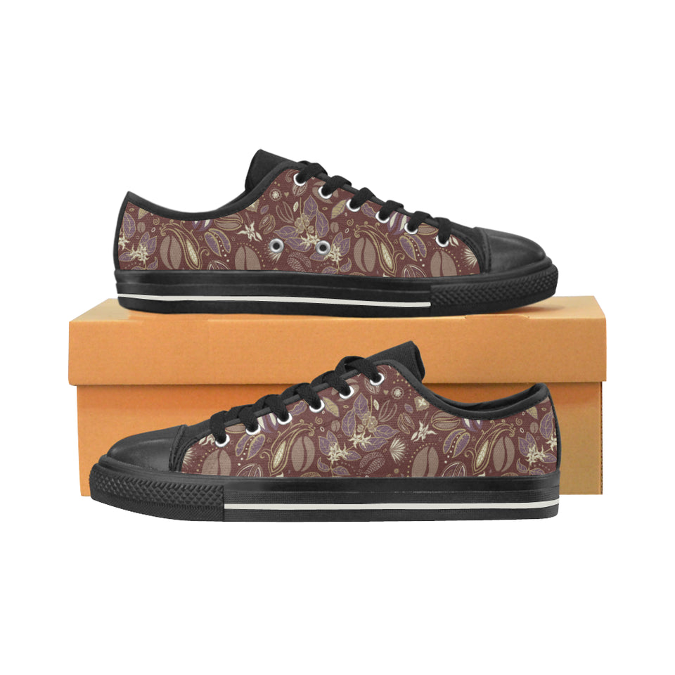 Coffee bean flower pattern Men's Low Top Canvas Shoes Black