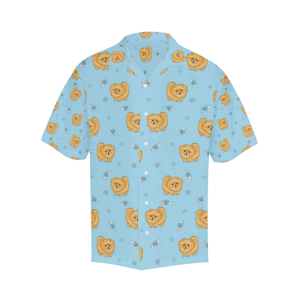Brown cute pomeranian blue blackground Men's All Over Print Hawaiian Shirt