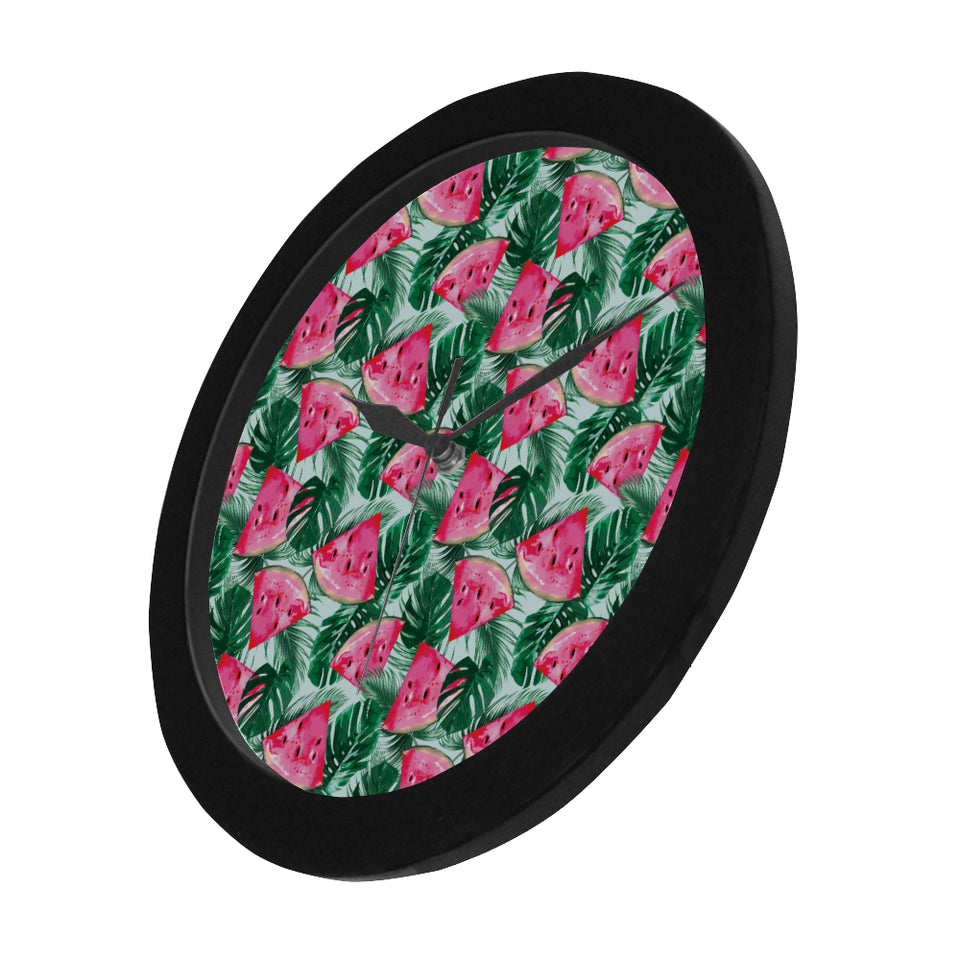 Watermelons tropical palm leaves pattern Elegant Black Wall Clock