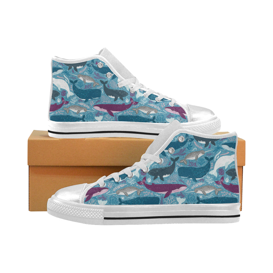 Whale design pattern Women's High Top Canvas Shoes White