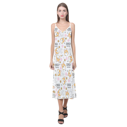 Corgi Dog Pattern V-Neck Open Fork Long Dress