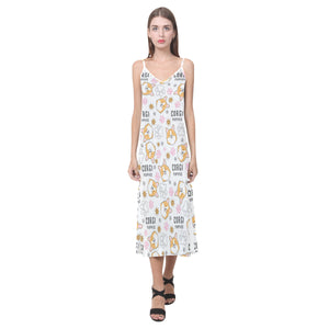 Corgi Dog Pattern V-Neck Open Fork Long Dress