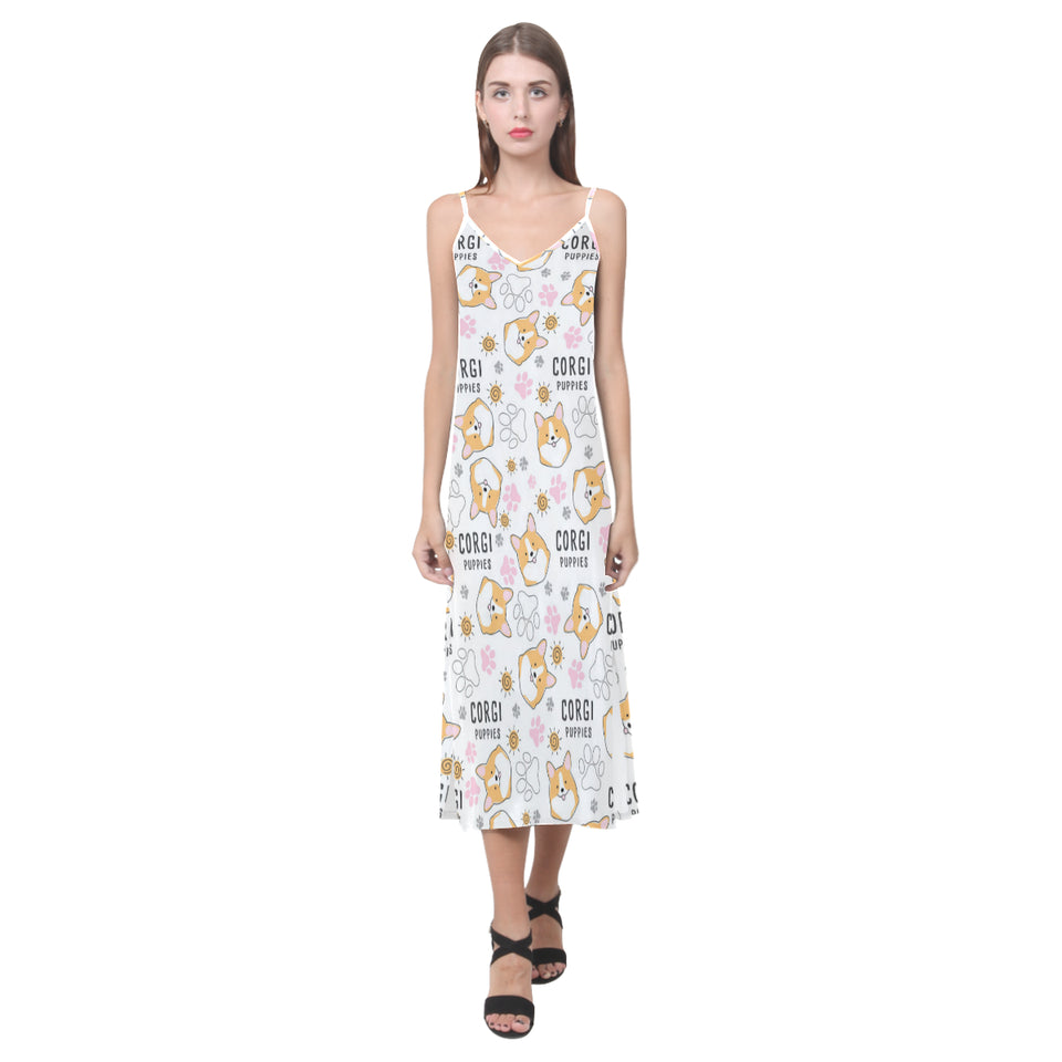 Corgi Dog Pattern V-Neck Open Fork Long Dress