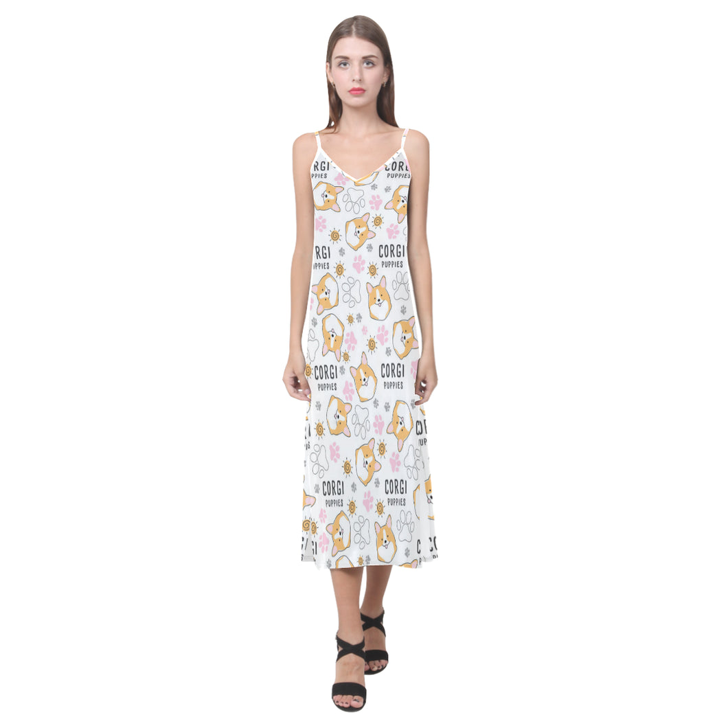 Corgi Dog Pattern V-Neck Open Fork Long Dress