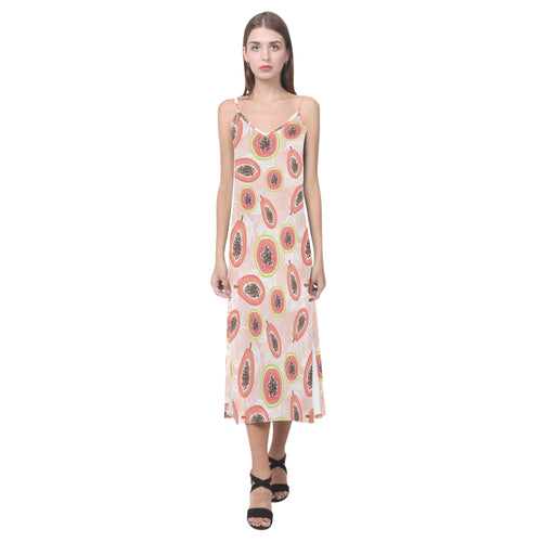 papaya leaves pattern V-Neck Open Fork Long Dress