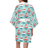 Red White sailboat wave background Women's Short Kimono Robe