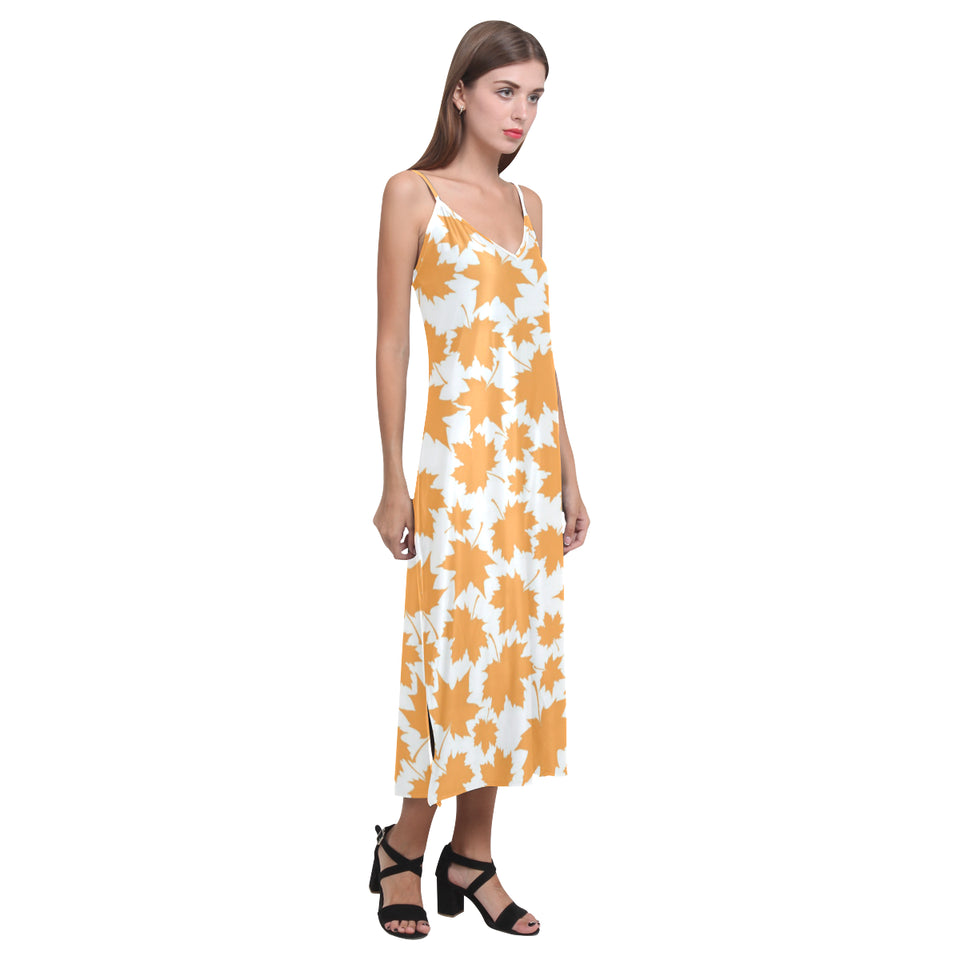 Orange Maple Leaf pattern V-Neck Open Fork Long Dress