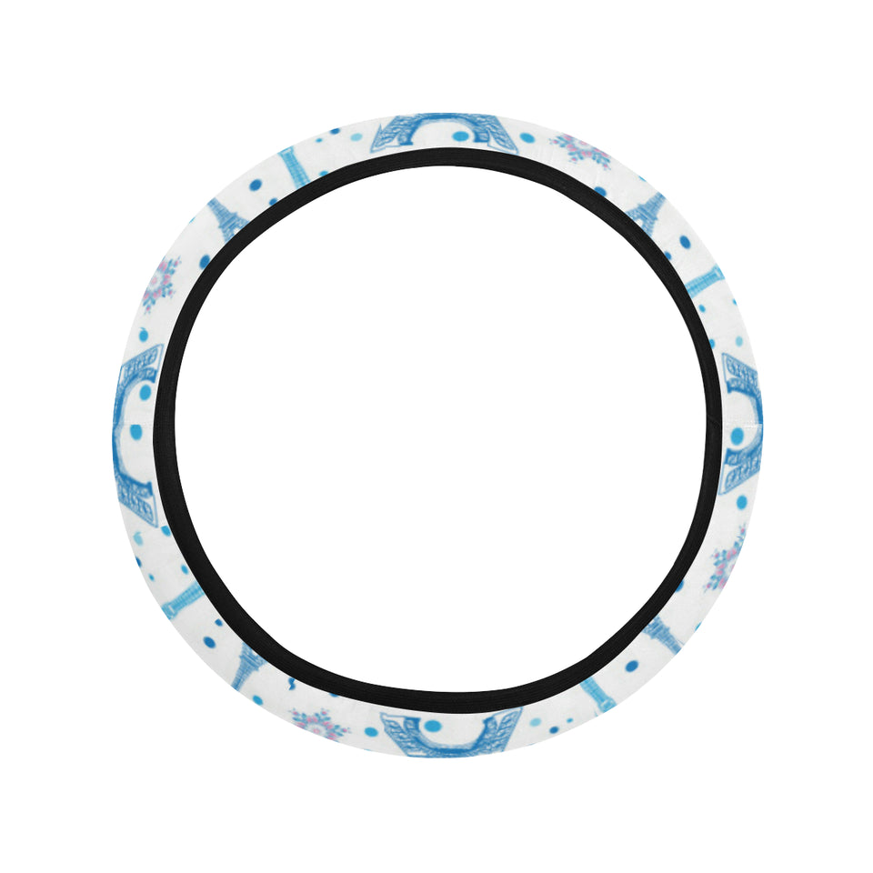 Blue Eiffel Tower Theme Pattern Print Design 01 Car Steering Wheel Cover