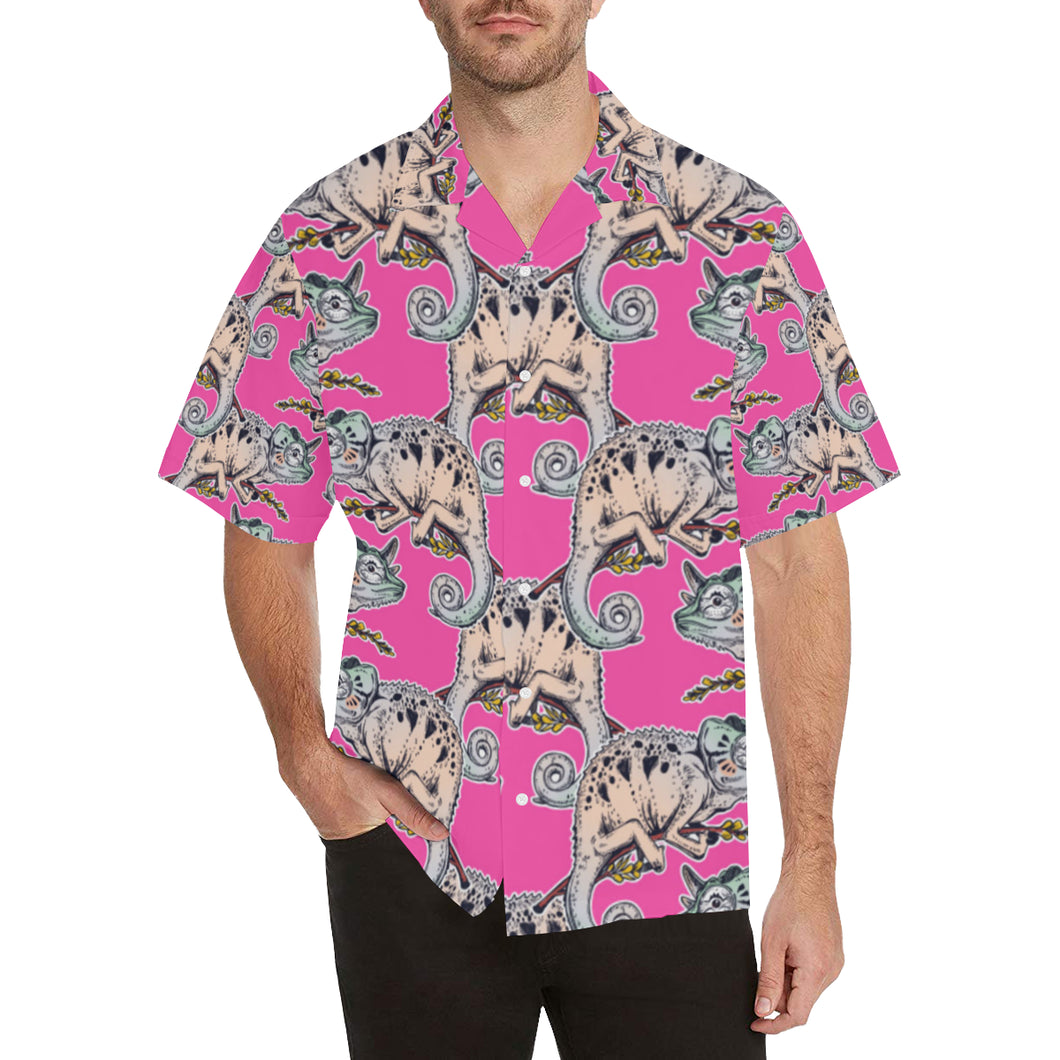 Chameleon lizard pattern pink background Men's All Over Print Hawaiian Shirt