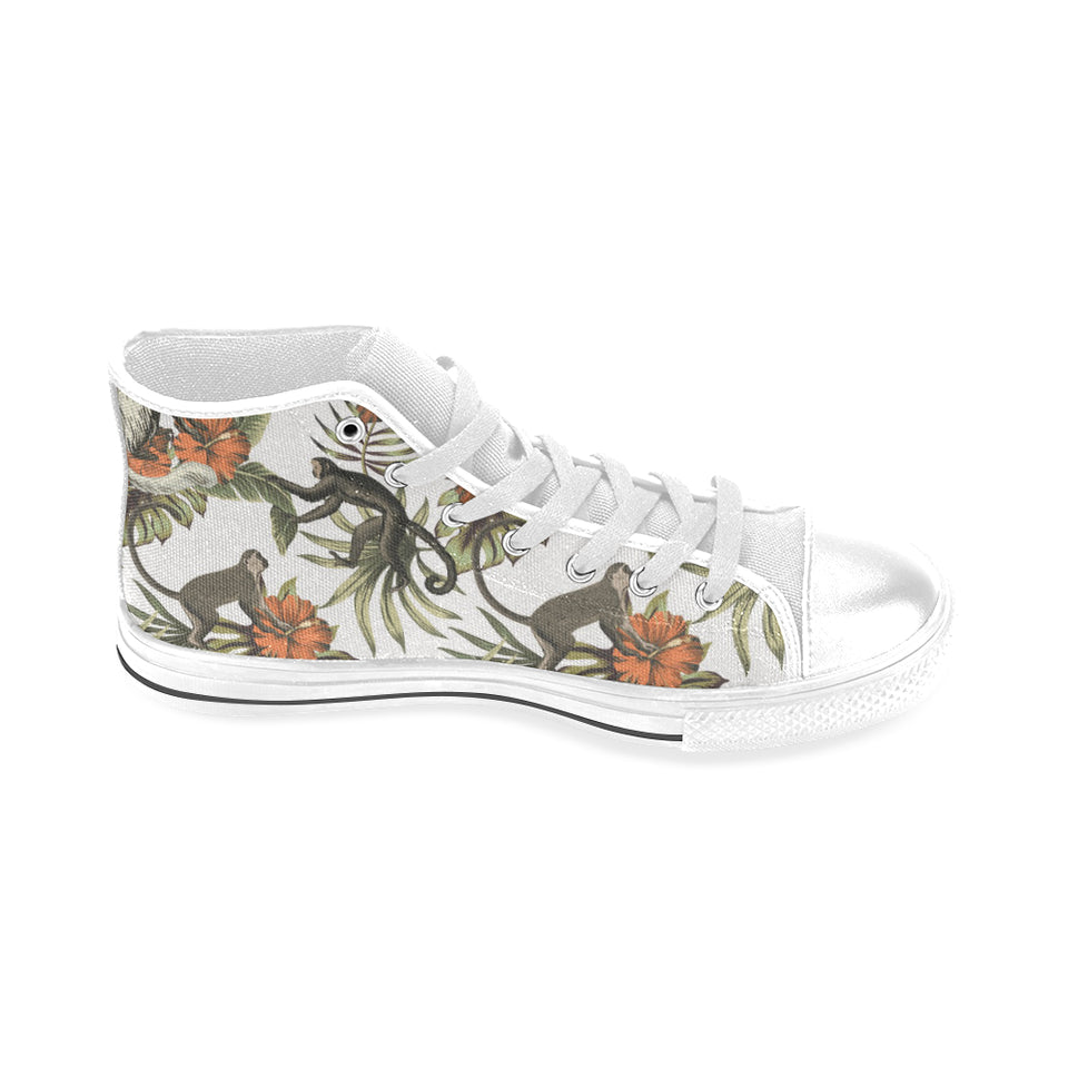 Monkey red hibiscus flower palm leaves floral patt Men's High Top Canvas Shoes White