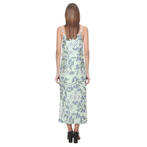 hand drawn blueberry pattern V-Neck Open Fork Long Dress