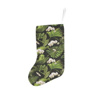 White orchid flower tropical leaves pattern blackg Christmas Stocking