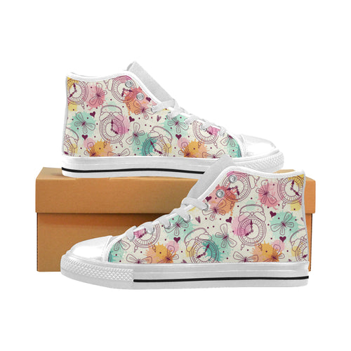 Clock butterfly pattern Men's High Top Canvas Shoes White