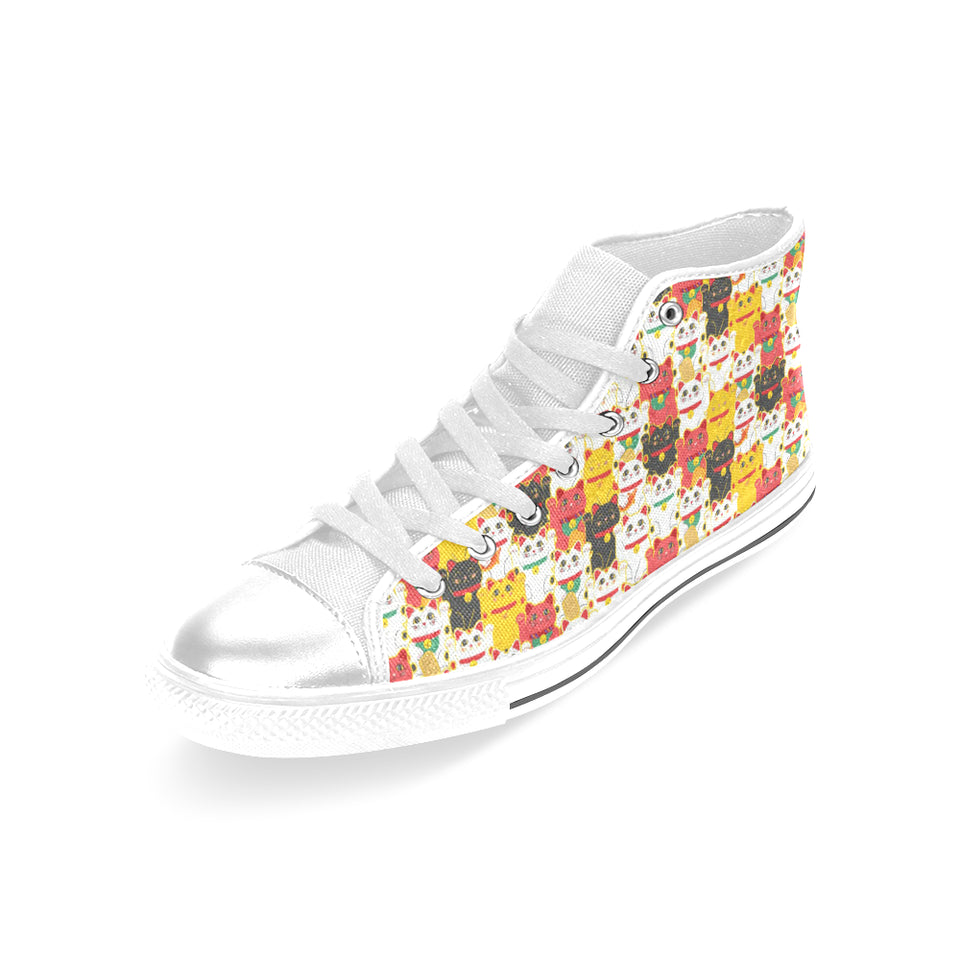 Colorful Maneki neko cat pattern Women's High Top Canvas Shoes White