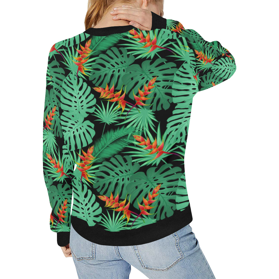 heliconia flower palm monstera leaves black backgr Women's Crew Neck Sweatshirt