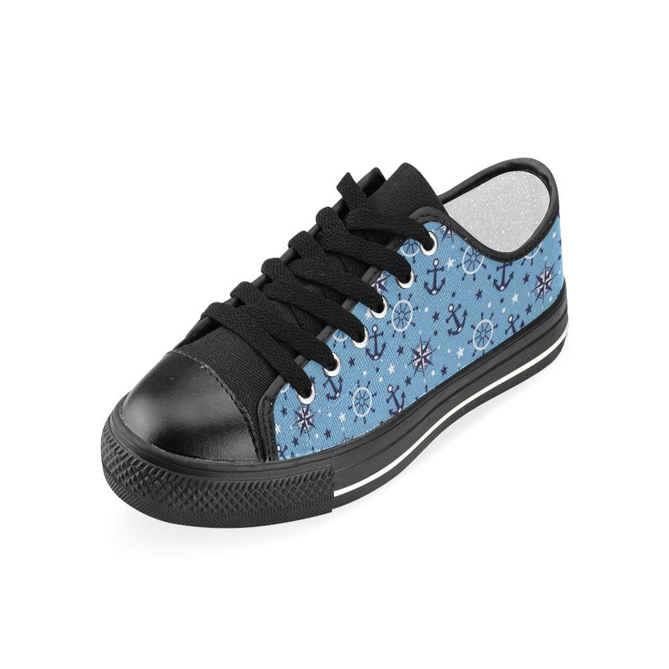 Anchors rudder compass star nautical pattern Kids' Boys' Girls' Low Top Canvas Shoes Black