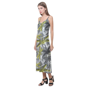 Hand drawn dragonfly pattern V-Neck Open Fork Long Dress
