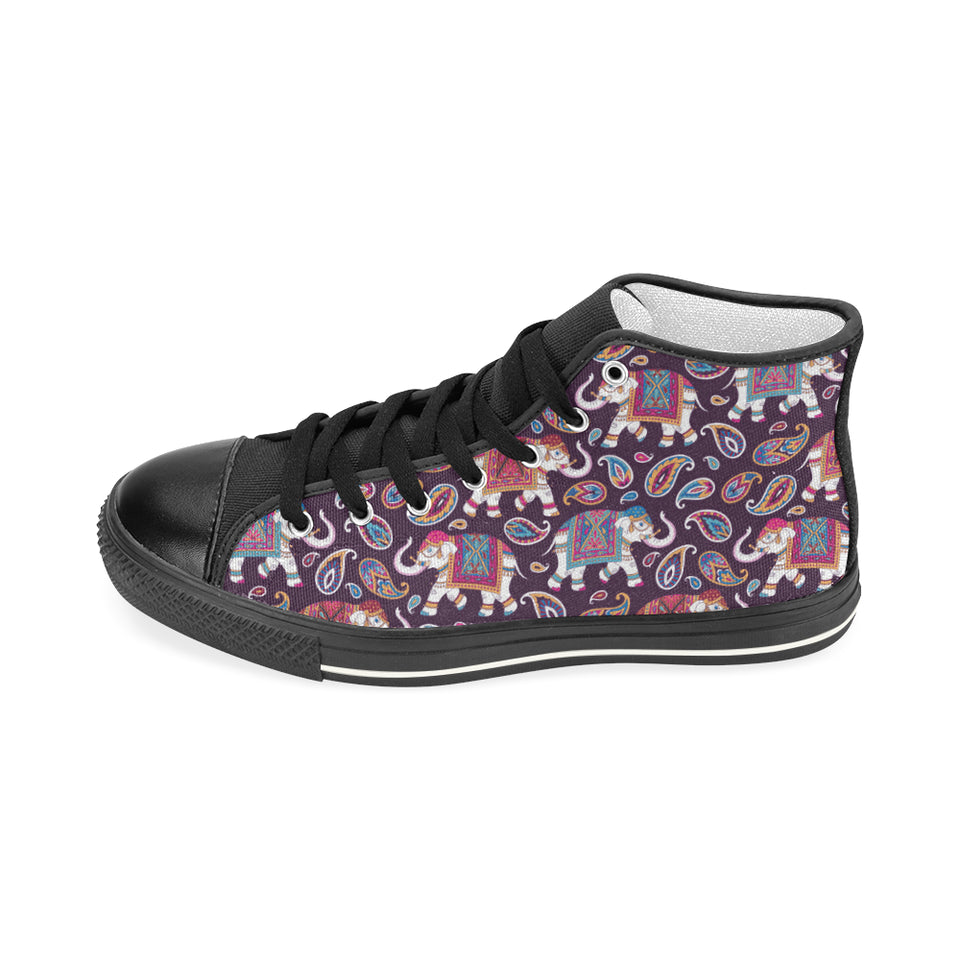 Elephant indian style ornament pattern Women's High Top Canvas Shoes Black