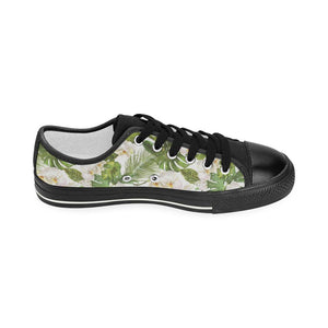 White orchid flower tropical leaves pattern Kids' Boys' Girls' Low Top Canvas Shoes Black