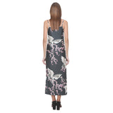 Japanese crane pink sakura pattern V-Neck Open Fork Long Dress
