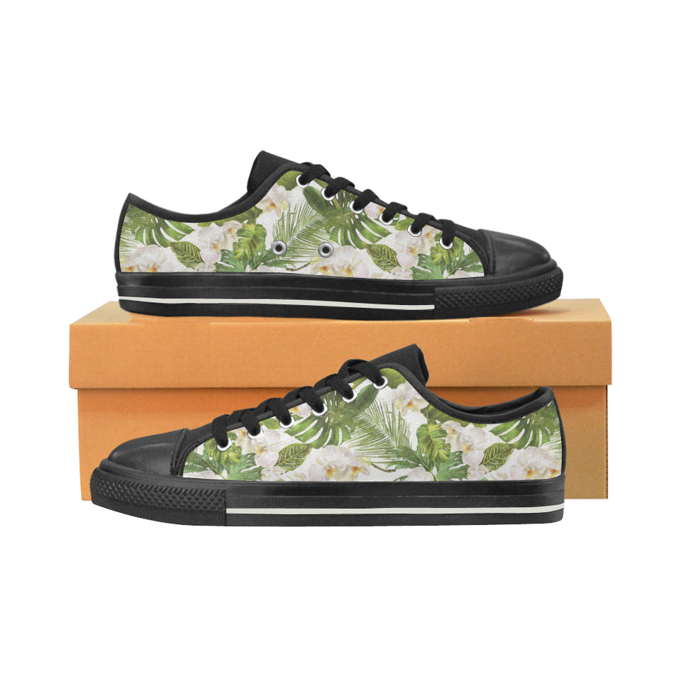 White orchid flower tropical leaves pattern Men's Low Top Canvas Shoes Black