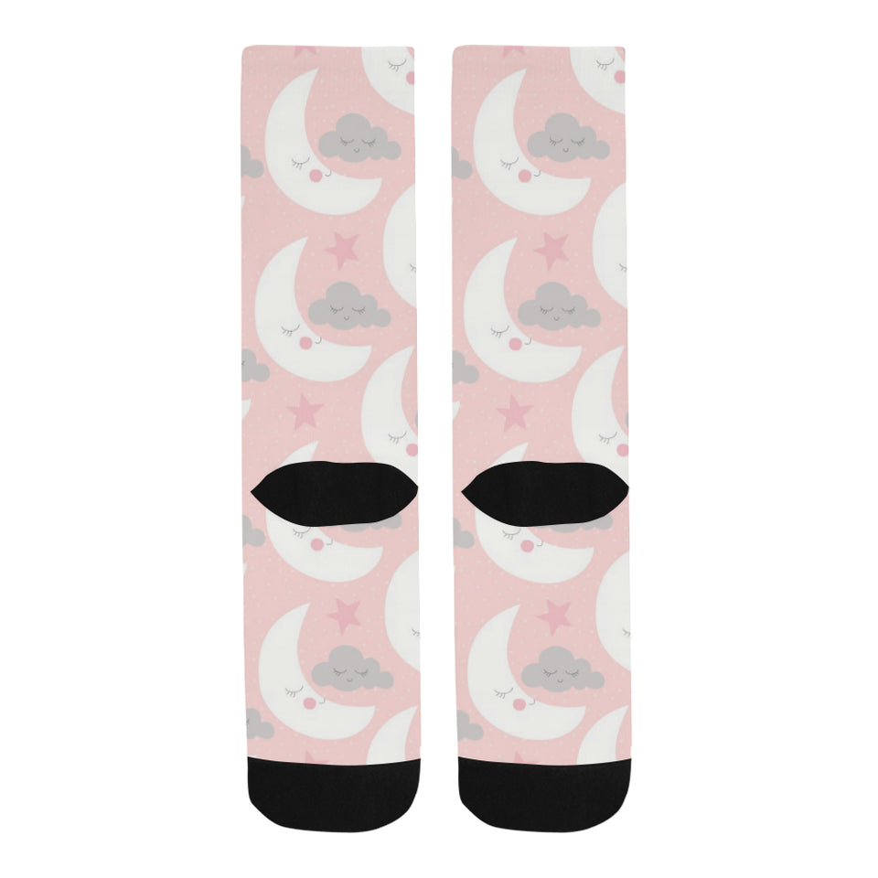 Cute moon cloud star pattern pink dot background Crew Socks