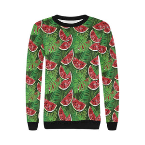 Watermelons tropical palm leaves pattern backgroun Women's Crew Neck Sweatshirt