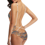 Bonsai bamboo stork japanese pattern brown theme Women's One-Piece Swimsuit
