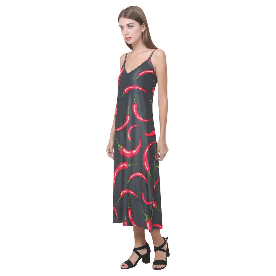 Chili peppers pattern black background V-Neck Open Fork Long Dress