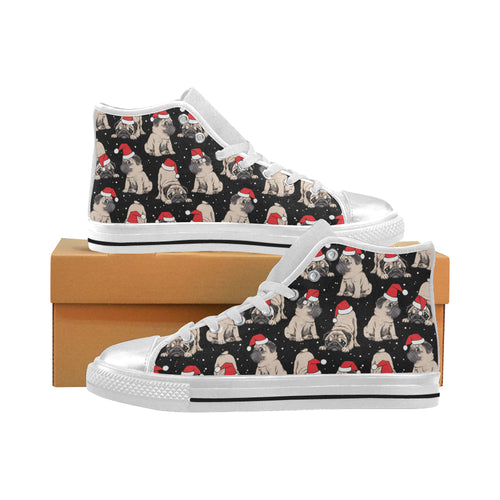 Christmas Pugs Santa_s red cap pattern Women's High Top Canvas Shoes White