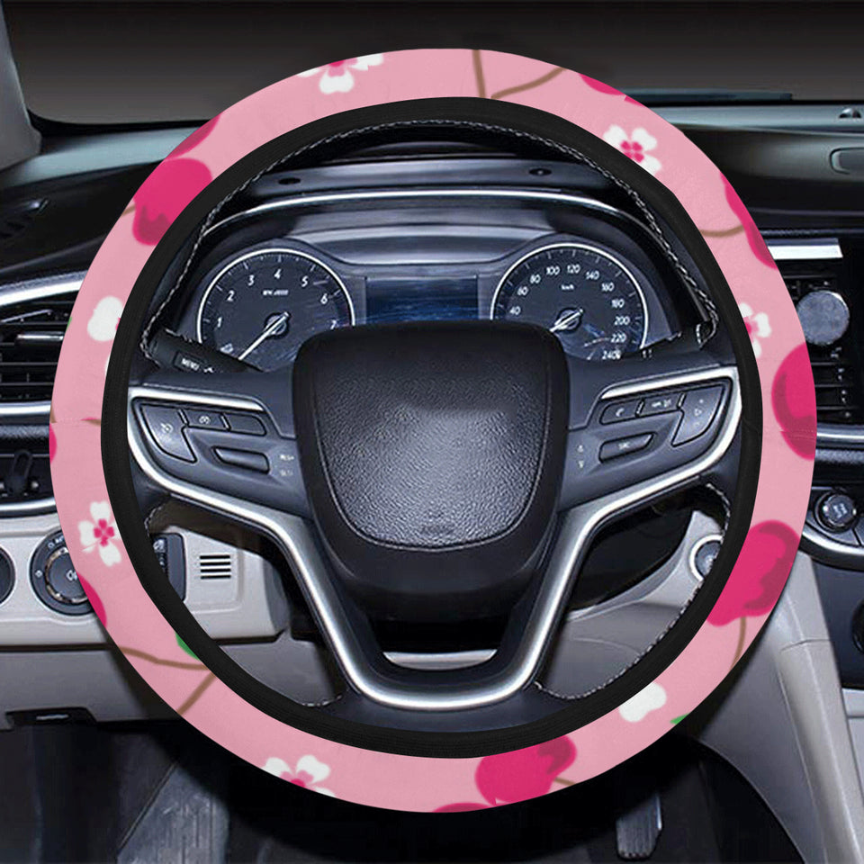 cherry flower pattern pink background Car Steering Wheel Cover