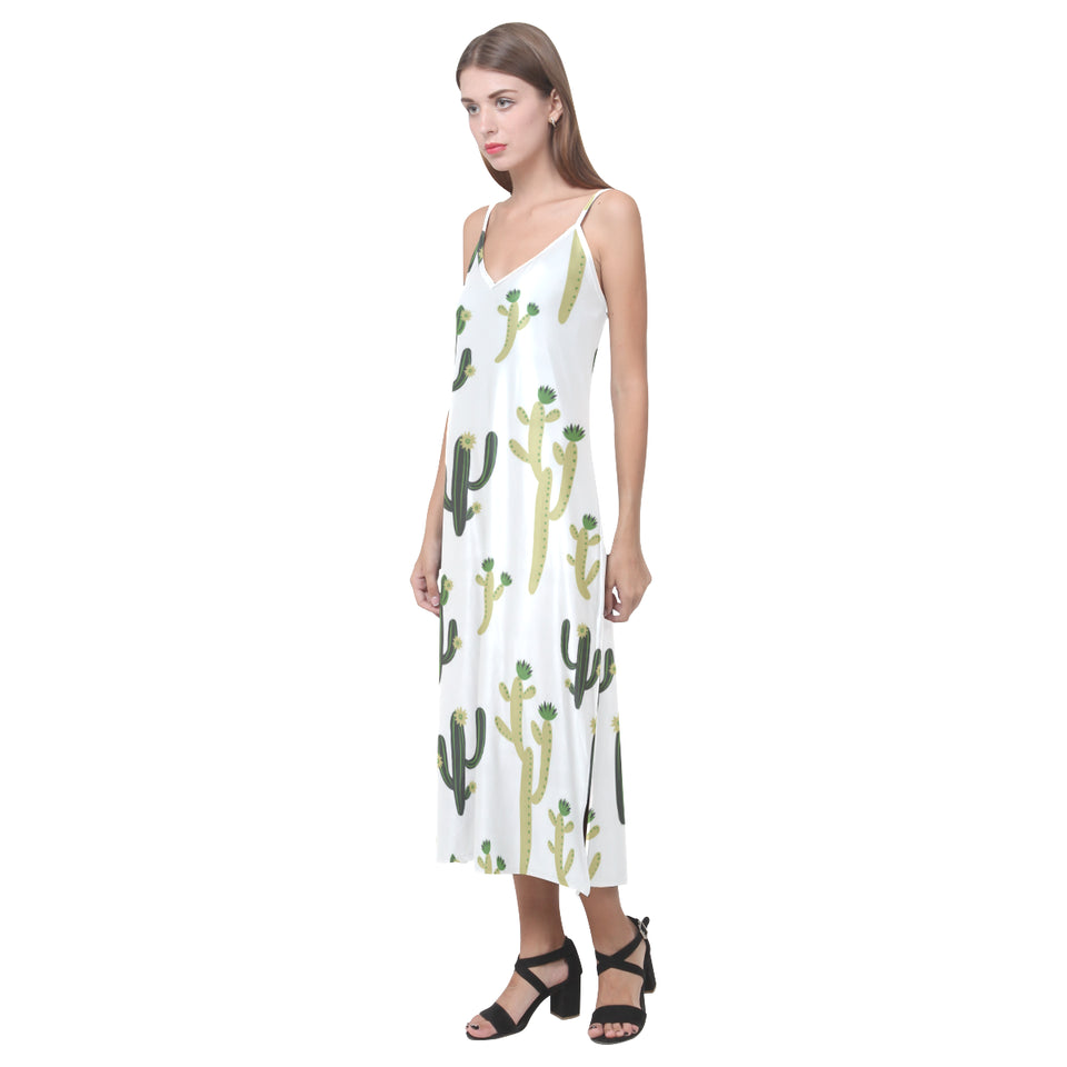 Cute cactus pattern V-Neck Open Fork Long Dress