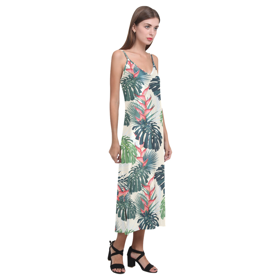 heliconia flowers, palm and monstera leaves V-Neck Open Fork Long Dress