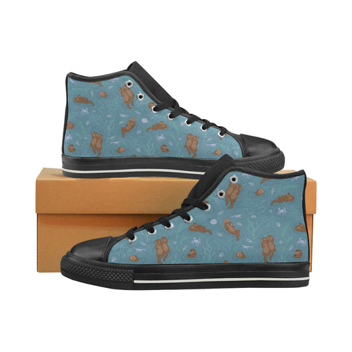 Sea otters pattern Women's High Top Canvas Shoes Black