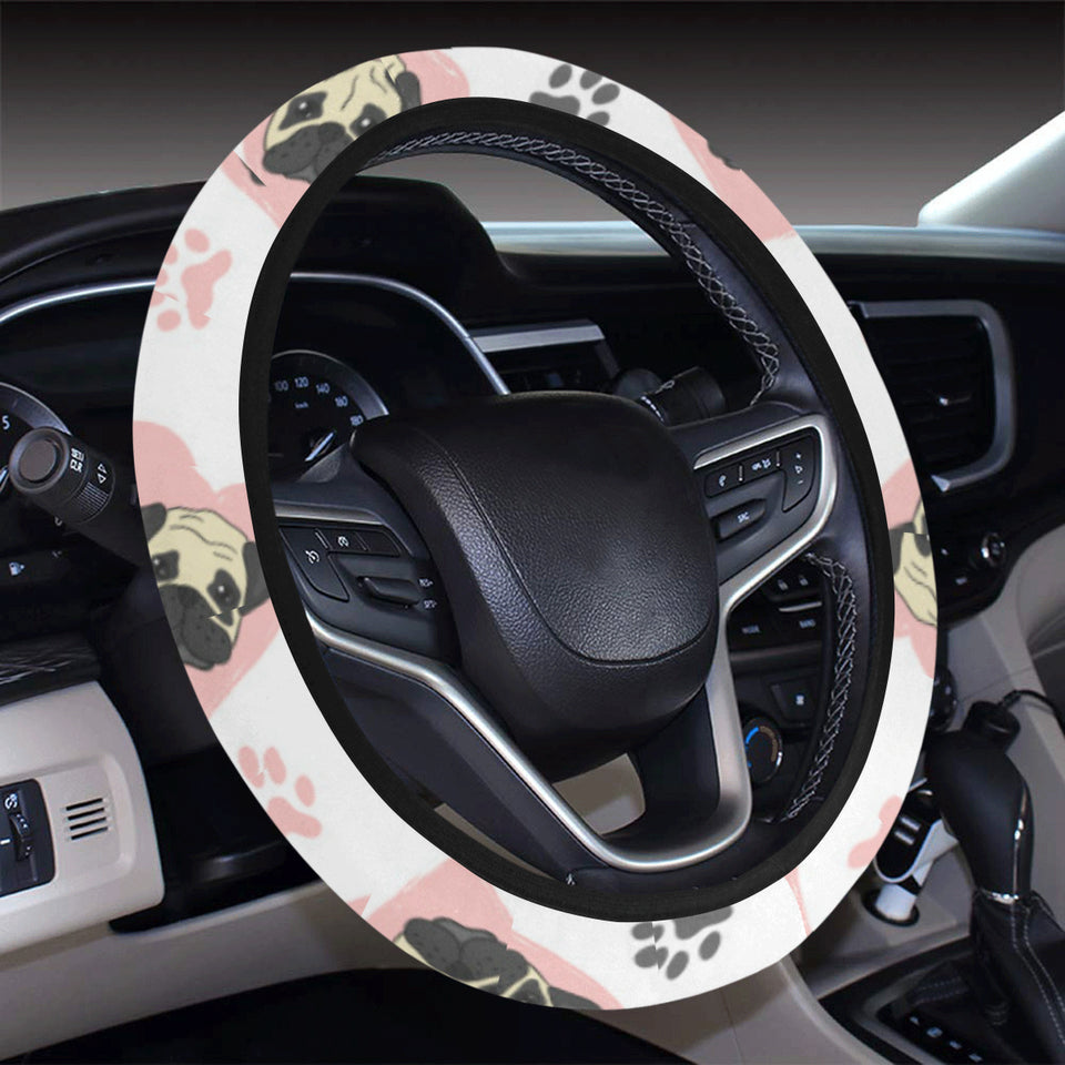 Cute pugs pink heart paw pattern Car Steering Wheel Cover