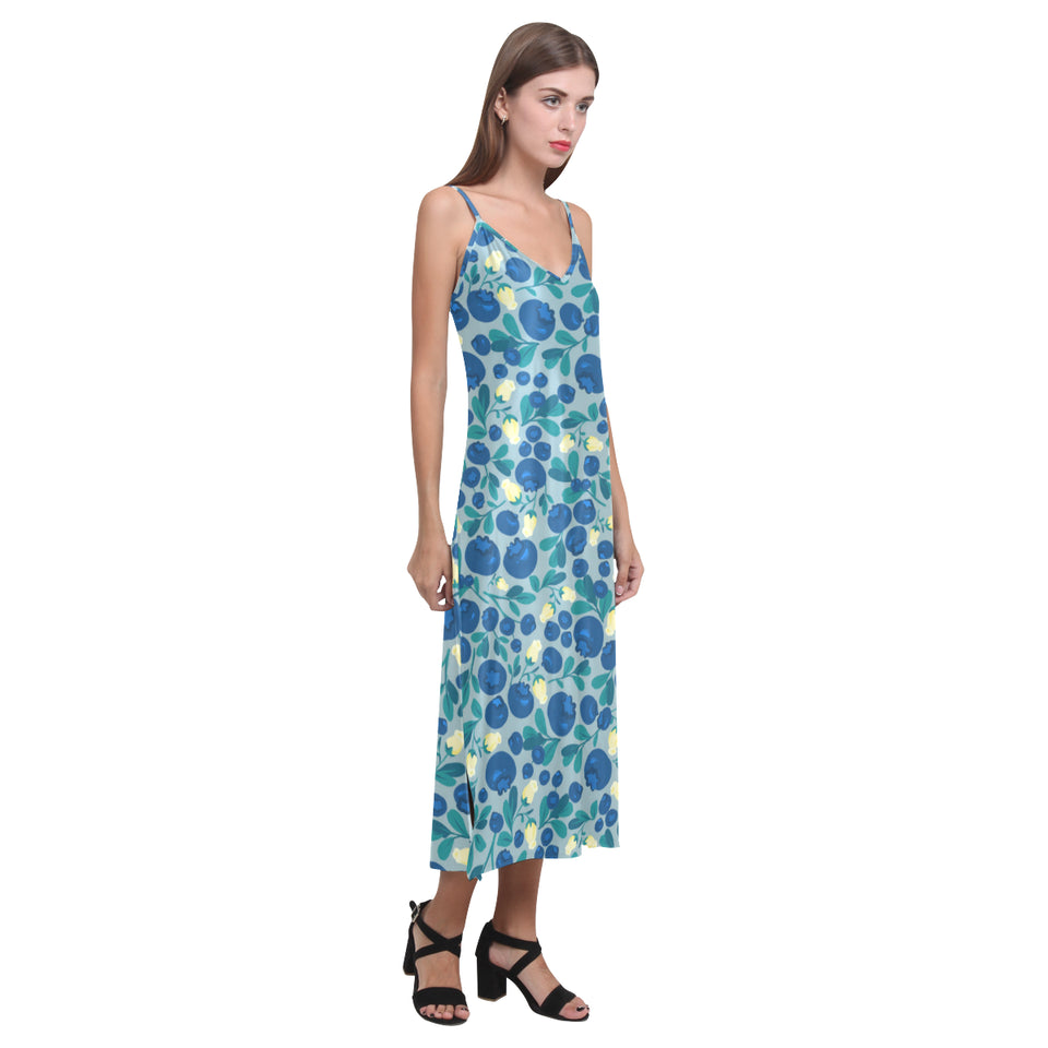 blueberry design pattern V-Neck Open Fork Long Dress