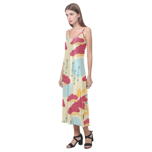 Red Bonsai gray sun japanese pattern V-Neck Open Fork Long Dress