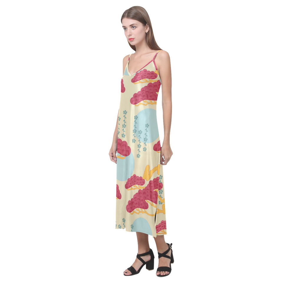 Red Bonsai gray sun japanese pattern V-Neck Open Fork Long Dress