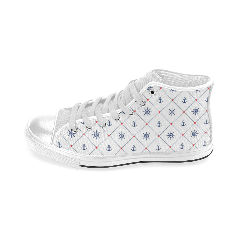 Anchor rudder nautical design pattern Men's High Top Canvas Shoes White