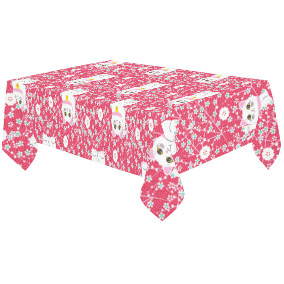 Maneki neko cat sakura pink background Tablecloth