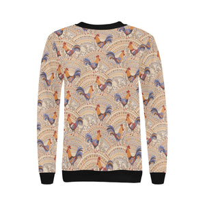 Cute rooster chicken cock floral ornament backgrou Women's Crew Neck Sweatshirt