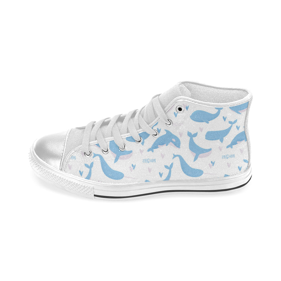 Blue whale pattern Women's High Top Canvas Shoes White