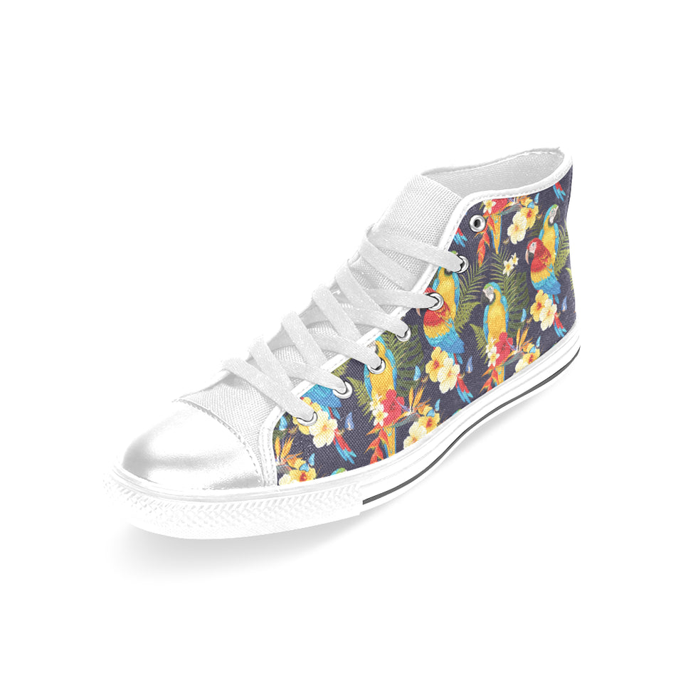 Colorful parrot flower pattern Women's High Top Canvas Shoes White