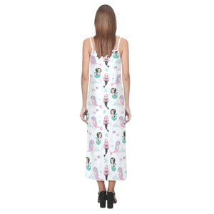 cute mermaid dolphin fish starfish pattern V-Neck Open Fork Long Dress