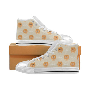 Cute brown pomeranian puppy on blue Women's High Top Canvas Shoes White