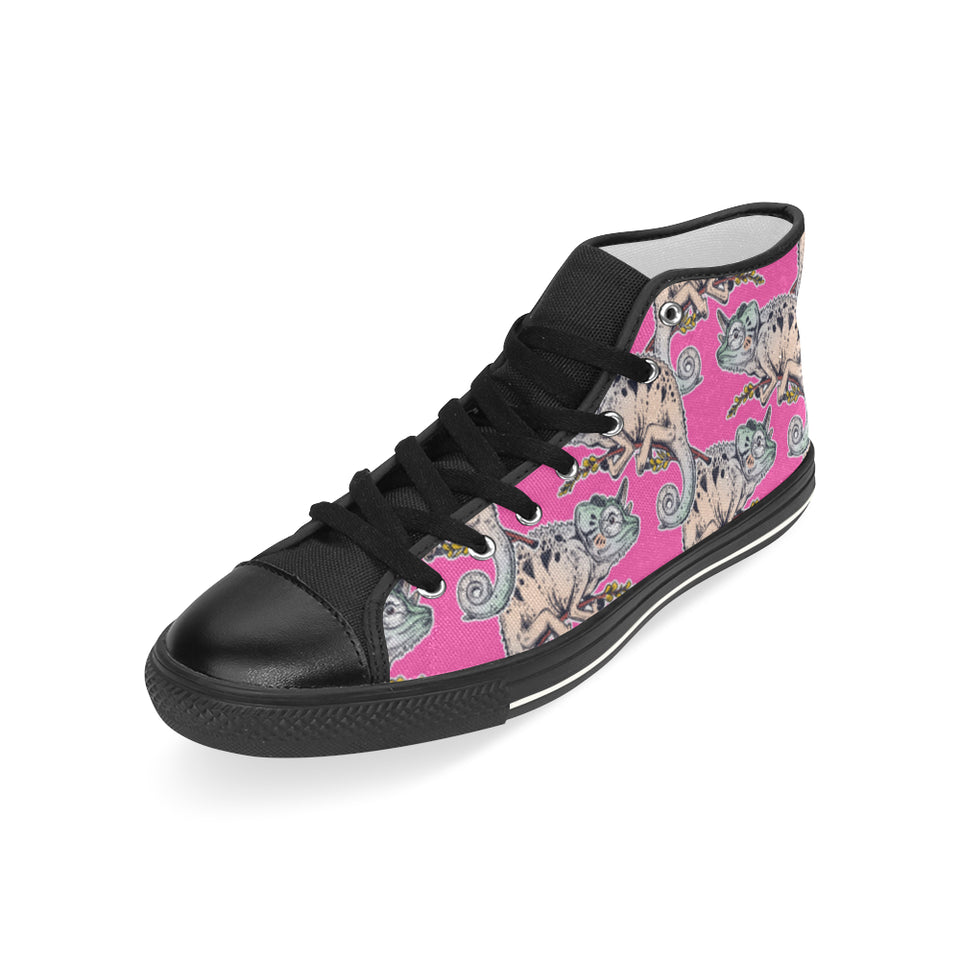 Chameleon lizard pattern pink background Men's High Top Canvas Shoes Black