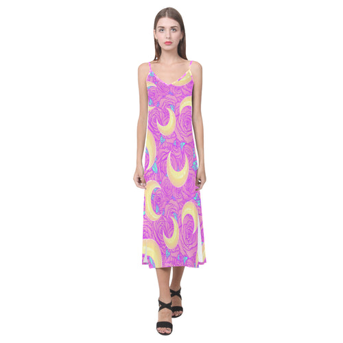 Moon pink rose background V-Neck Open Fork Long Dress