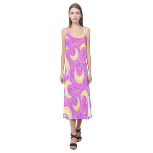 Moon pink rose background V-Neck Open Fork Long Dress